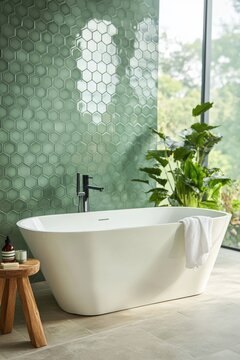 Bathtub in modern bathroom interior design with hexagonal tile wall, green accents, and indoor plants creating a serene and stylish atmosphere.