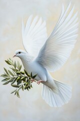 Fototapeta premium A white dove with spread wings carrying an olive branch, symbolizing peace and harmony against a soft background.