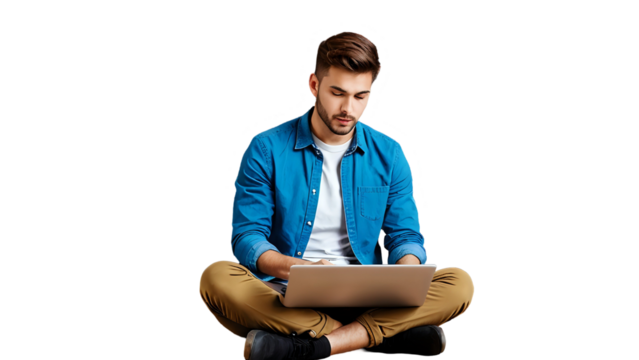 Young man sitting cross-legged working on a laptop against a transparan background
