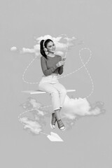 Collage photo of young pretty girl sitting platform abstract imagination heaven clouds listen...