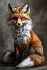 A majestic red fox with thick fur and piercing eyes sits gracefully, exuding intelligence and elegance against a soft background.