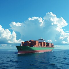 Fototapeta premium Majestic dark green container ship with a bold red stripe; boasts vast rectangular form and towering brown stack rows against the horizon