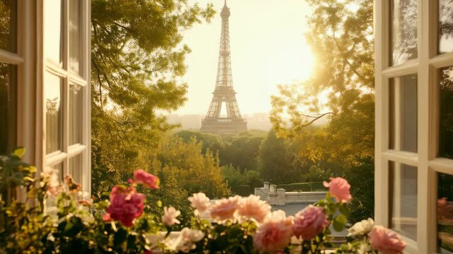 Open window view of Eiffel tower with pink roses at sunrise in Paris. Romantic setting for Valentine's Day celebration. France landmark