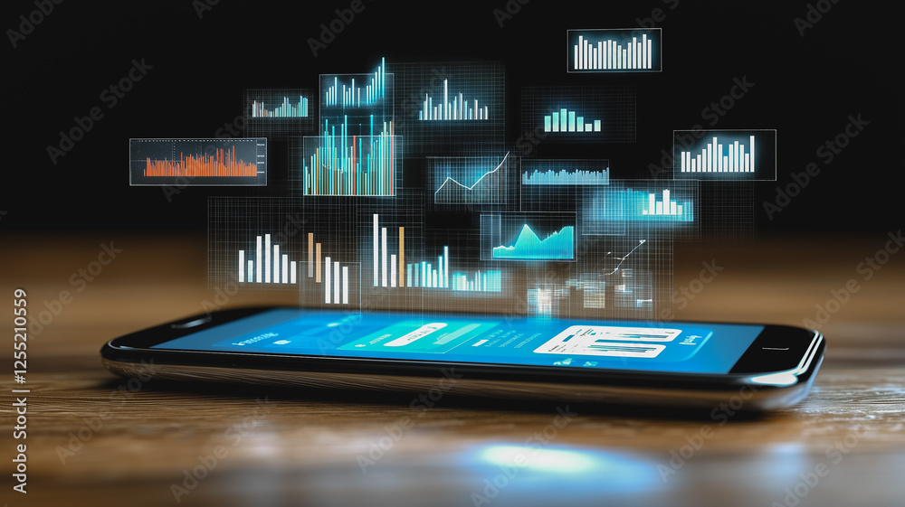 Poster data insights on the go: a smartphone displays a vibrant array of data visualizations - charts, grap