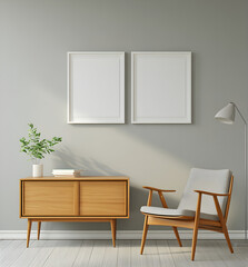 A photograph of two identical blank white picture frames, hanging on the wall above an empty modern sideboard in a living room with a chair and a plant. The style is minimalist, in the style 