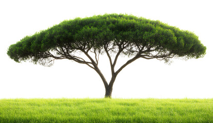 Fototapeta premium A pine tree on a grassy field, against a white background, in PNG format, a cutout, vector graphics, 3D rendering, high resolution, high quality, high detail, high definition, professional photography
