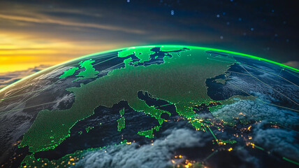 Fototapeta premium Europe at Dawn: A mesmerizing view of Europe emerging from a vibrant sunrise, its outline glowing with a vibrant green light, representing growth, progress, and a hopeful future.