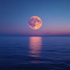 Stunning full moon reflects on calm ocean waters at twilight illuminating the tranquil seascape. Generative AI