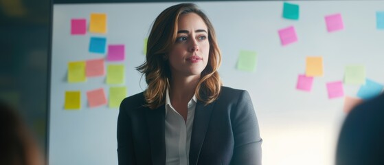 Business leader presenting ideas in a modern office space with colorful sticky notes. Engaging audience during a strategic planning session or team meeting.