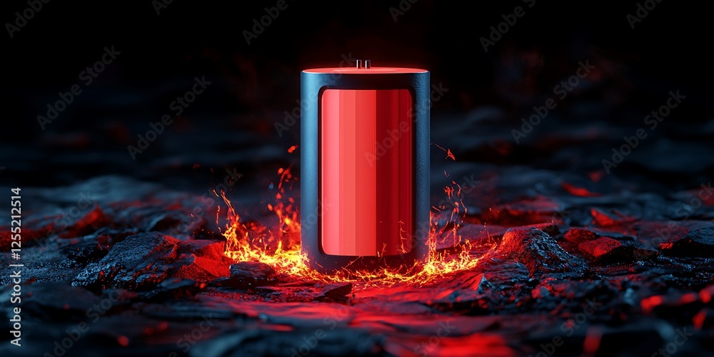 Poster Red battery in fiery landscape. Possible stock photo use