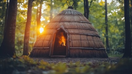 Sunset illuminates a primitive hut in a forest.