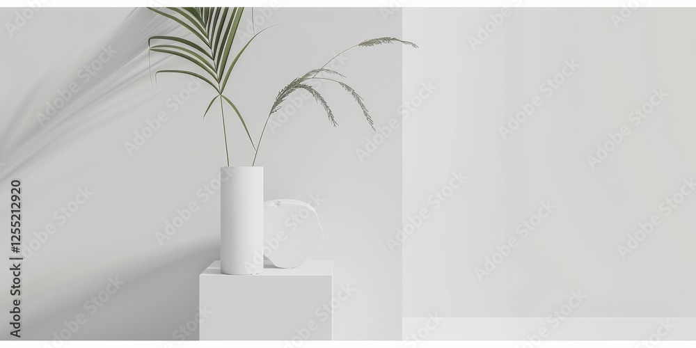 Poster a minimalist composition featuring a pure white backdrop, abstract minimalist shapes in muted tones,