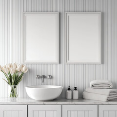 Fototapeta premium A realistic mockup of two blank poster frames, 20x36 inches, hanging on the wall above grey cabinets and a marble countertop in a modern bathroom with tulips, neutral tones, an aesthetic, and 