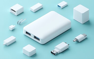 Assorted white tech accessories, minimalist design, modern technology, product shot