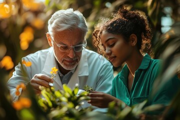 An older botanist and a young woman collaborate, examining plants and flowers in a greenhouse.