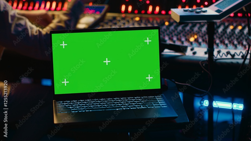 Poster Music production engineer mixing and mastering music in control room, using laptop with greenscreen display. Skilled audio technician working with recording software on pc, pushing faders. Camera A.