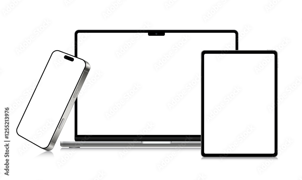 Leinwandbilder Modern laptop mockup front view and high quality smartphone and tablet mockup isolated on white background. Notebook mockup and phone device mockup for ui ux app and website presentation. Vector 10eps
