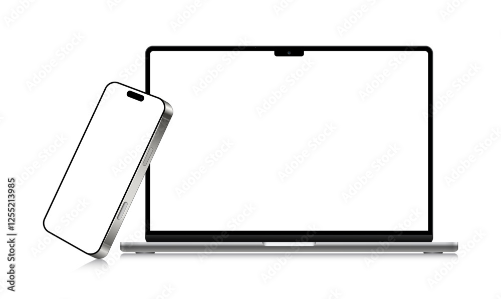 Poster Modern laptop mockup front view and smartphone mockup high quality isolated on white background. Notebook mockup and phone device mockup for ui ux app, vector 10 eps.