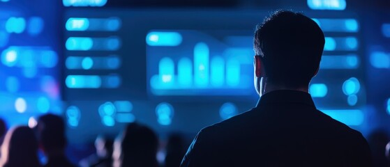 Business presentation and analytics session with audience observing digital graphs on screen. Focus on data insights, trends, and financial performance analysis.