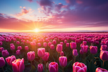 Tulip field in holland at sunset. Sunny morning. Landscape of blooming tulip field