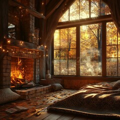 Cozy autumn cabin bedroom, fireplace fire, forest view, fall leaves