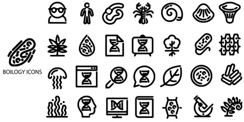 Biology simple concept 28 icons set. Contains such  biology, laboratory, experiment, scientist, research, physics, chemistry .Vector illustration.