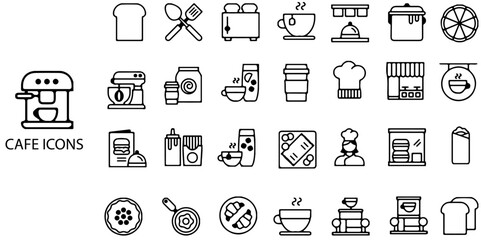 Fototapeta premium CAFE simple concept 28 icons set. Contains such sugar cubes, counter, , frappe, sugar, cezve .Vector illustration.