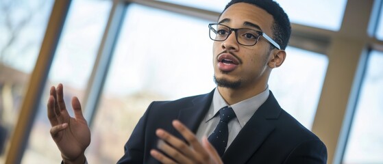 Business presentation with a young professional in a suit discussing ideas, demonstrating confidence and effective communication skills in an office setting.