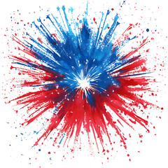Vibrant red and blue fireworks burst against isolated on white & transparent a background.