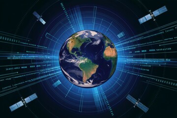 A tech-themed futuristic illustration of the planet Earth with a digital data overlay