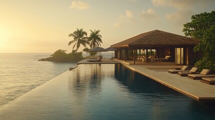 Sunset over oceanfront villa with infinity pool.