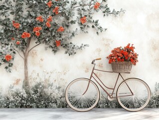 Fototapeta premium Vintage Bicycle with Flowers Against a Floral Mural Wall for Serene Escape