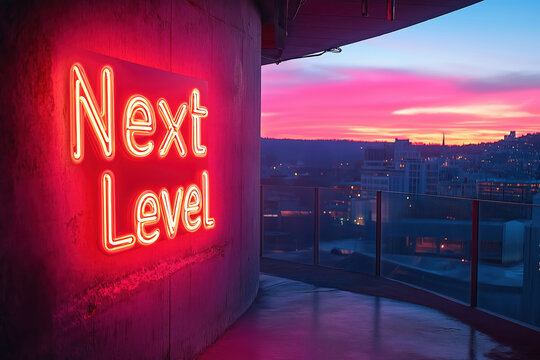 Next level neon sign suggesting growth and progress with cityscape at sunset - Powered by Adobe