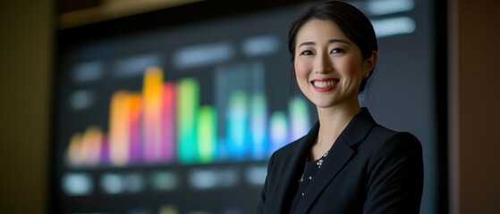 Business professional smiling with data analytics background in office setting, showcasing financial growth and team collaboration in corporate environment.