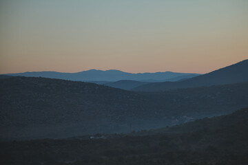 Misty evening mountain view