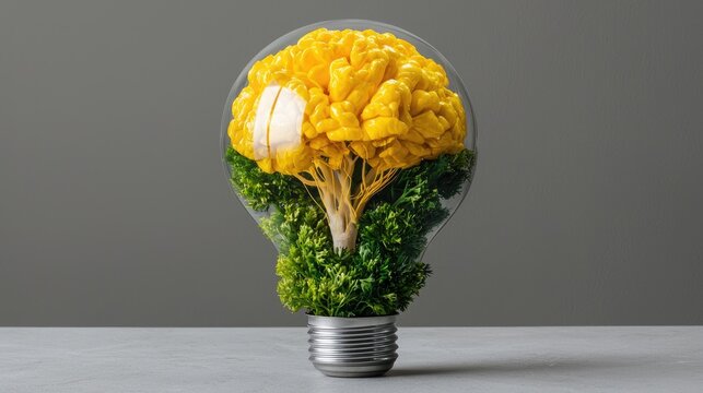 Creative lightbulb with yellow brain and green plant inside, studio shot