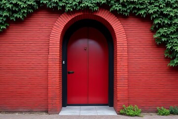 Red Brick Wall with Archway and Red Door -  Ivy Covered Exterior Entrance