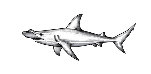 Obraz premium A simple line drawing of a hammerhead shark, white background, black ink on paper, high contrast, stippling style, simple line work. 