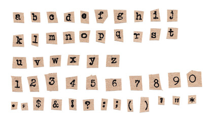 Cutout Lowercase Letters Numbers and Punctuation Old Brown Newspaper Ransom Note © Grunge Designs