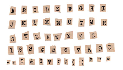Cutout Uppercase Letters Numbers and Punctuation Old Brown Newspaper Ransom Note © Grunge Designs