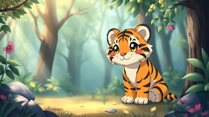 Adorable Cartoon Tiger in a Lush Jungle