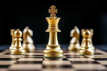 Golden queen standing tall on chessboard leading team to victory