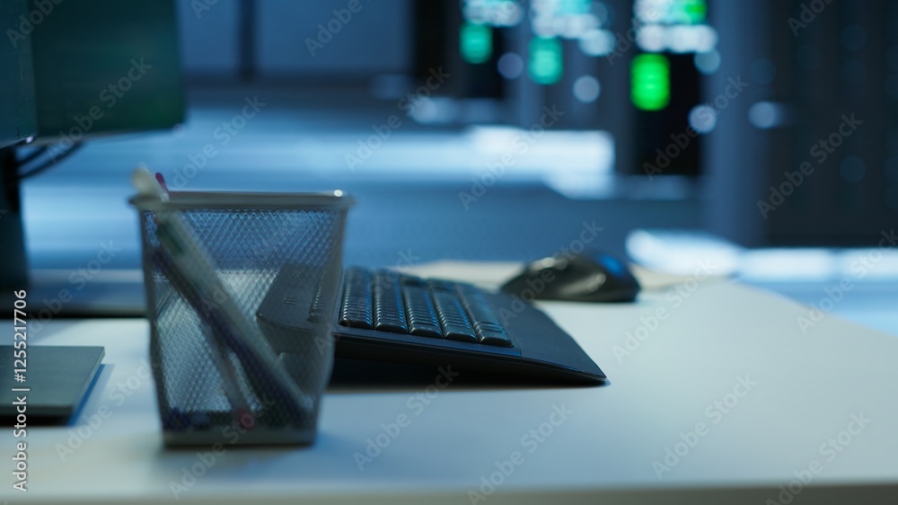 Poster devices in data center office used for managing supercomputers gear. close up on computer peripheral