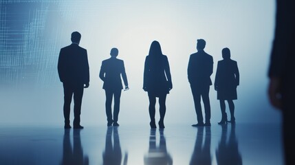 Business professionals in silhouette against a digital backdrop, symbolizing teamwork and innovation in finance and technology sectors. Collaboration and strategy in focus.