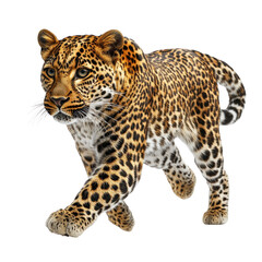 Fototapeta premium Side view of a spotted leopard leaping, panthera pardus, isolated on white