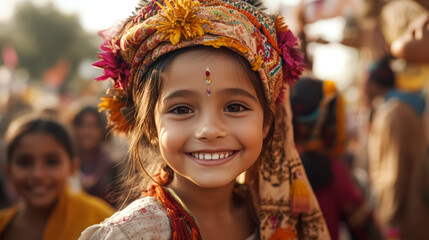 Fototapeta premium Smiling girl wearing traditional attire and headpiece during cultural festival celebration outdoors