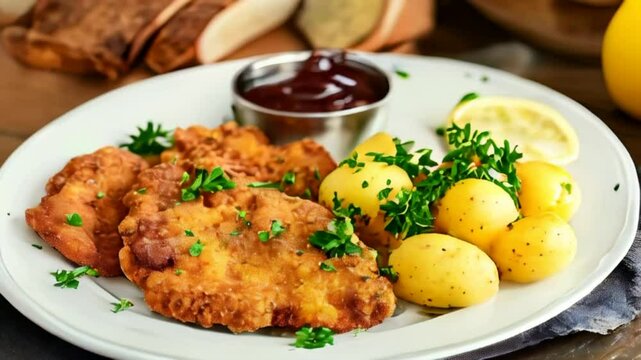 Video of delicious authentic breaded and deep-fried Wiener schnitzel served with lemon and mashed potatoes on a a plate