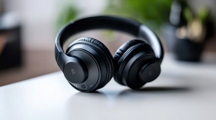 Sleek Black Headphones on a Table