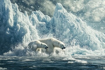 Fototapeta premium Dramatic scene of melting glaciers with polar bears arctic region nature photography icy environment close-up viewpoint highlighting climate change impact on wildlife