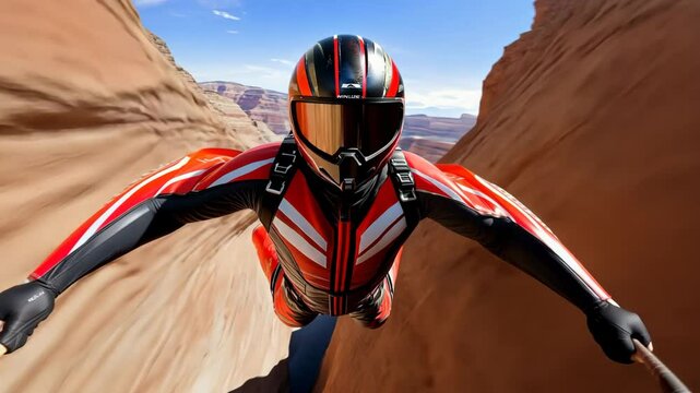 Wingsuit pilot flying through canyon